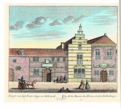 1736 HAND-COLORED ENGRAVING of the CITY LIBRARY AND THE BROTHER'S HOUSE IN DELFT