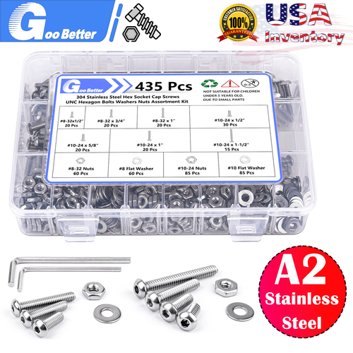435pcs #8 #10 UNC Hex Socket Cap Screw Bolt Washers Nuts Fastener Assortment Kit