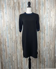 Zara XS Black Blue Ribbed Trim Crew Neck Chiffon Shift Dress Half Sleeve
