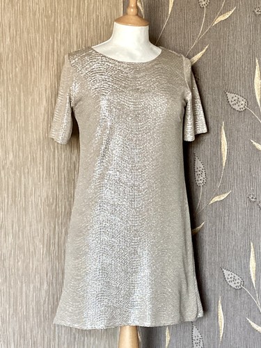 UK 10 River Island Metallic Pale Gold Fully Lined Dress Seldom Worn Excellent