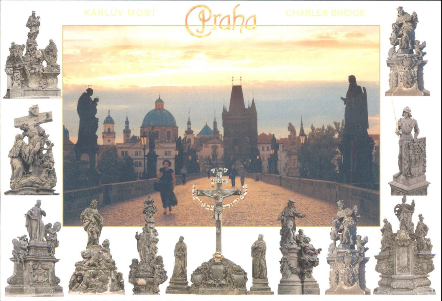 Prague Charles Bridge Karlův Most Statues Sunset Postcard 2004 Czechia