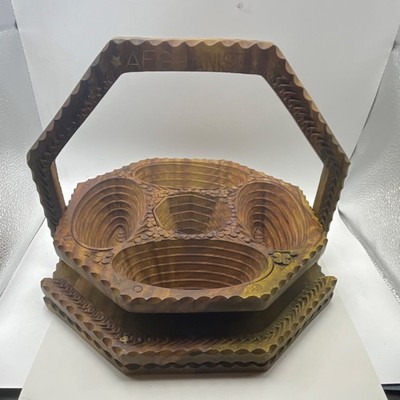 VTG Afghanistan Handmade Collapsible  Wooden Bread Basket with Handle Carvings