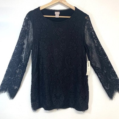 Chicos O Black Lace Front Knit Back Top Long Sleeve Eyelash Trim New Small Boho