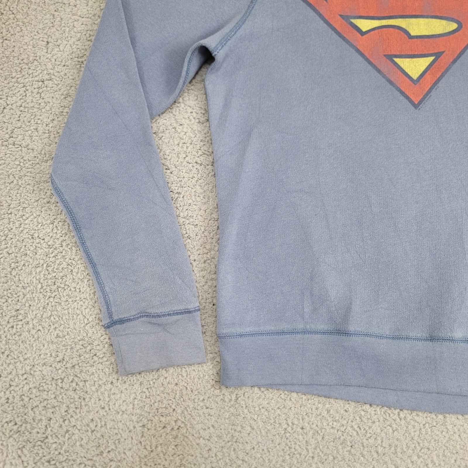 Vintage Junk Food Superman Sweatshirt Men's L Blue Raglan Soft Crewneck Made USA