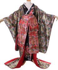 KA-014 Original Japan Geisha Luxus Kimono 5-Teile Cosplay Kostüm schwarz grün