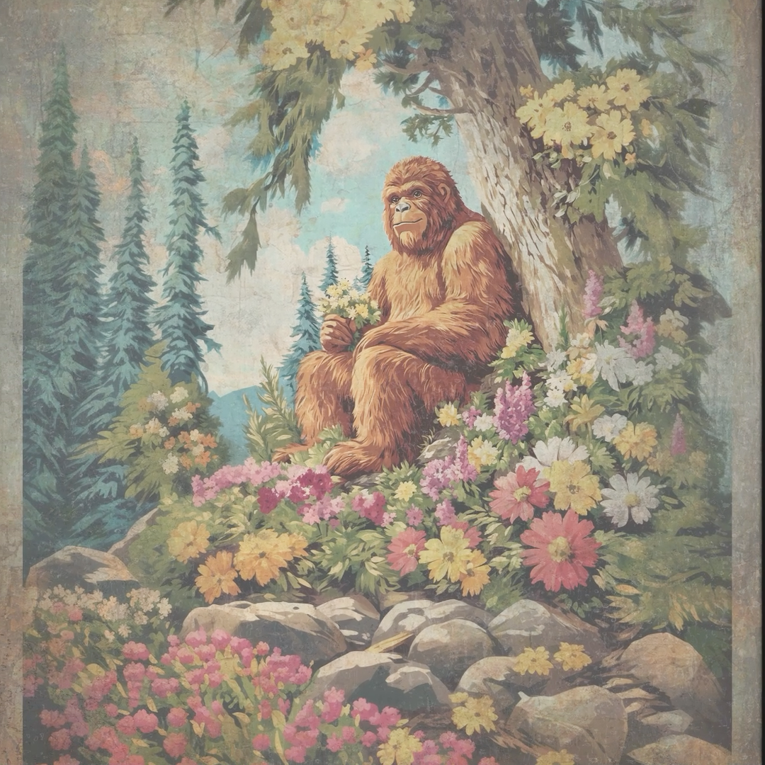 Bigfoot キャンバスアート 作品 手書き Vintage BIGFOOT BOTANICAL Wall Art, Sasquatch Flower Decor