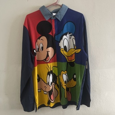 NEW Disney Polo Shirt Large Mickey Mouse Donald Duck Goofy Pluto Long Sleeve