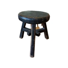 PRIMATIVE SMALL 3 LEG WOOD CHINESE MILKING STOOL - DISTRESSED BLACK FINISH