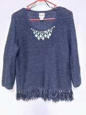 Ruby Rd Dark Navy Blue Beaded Neckline Pullover Fringe Winter Sweater Size Large