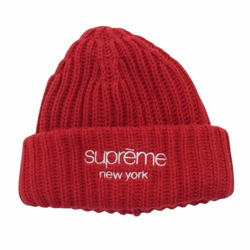 Supreme 23AW Classic Logo gros bonnet côtelé côtelé tricot casquette rouge d'occasion LIFE 0