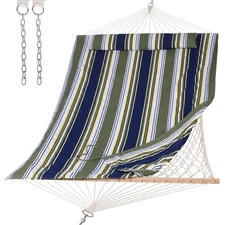 Hammocks Outdoor Double Hammock with Hardwood Spreader Bar, Cotton Rope Hammo...