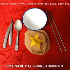 VIETNAM WAR COLLECTABLE FIELD GEAR NVA/VC RICE BOWL,CHOP STIX,RAZOR,SPOON , RARE