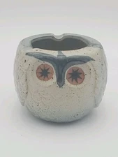 Vtg Round Glazed Ceramic Fun Owl Figure Ashtray Or Planter Gray Tones Japan Boho
