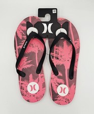 NEW HURLEY Tropical Palm Trees Flip Flop Sandals MEN'S Size 12 Pink Black Floral