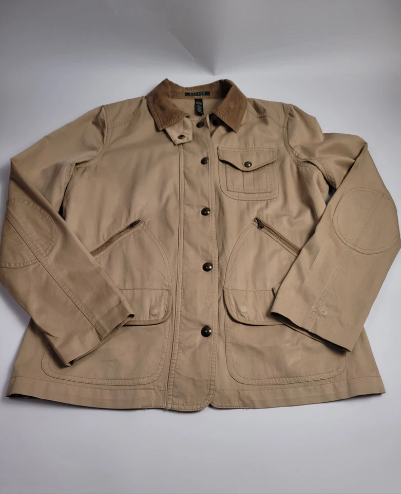 Ralph Lauren Womens Barn Jacket Tan Corduroy Collar Size L Safari Outdoor  - Image 3 of 4