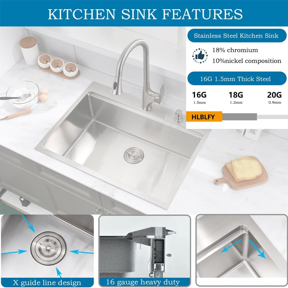33 Inch Drop In Kitchen Sink Workstation with Accessories Gauge Stainless Steel