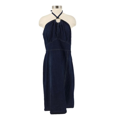Ashley Stewart Midi Halter Dress Sleeveless Dark Wash Denim Keyhole Neck 16W