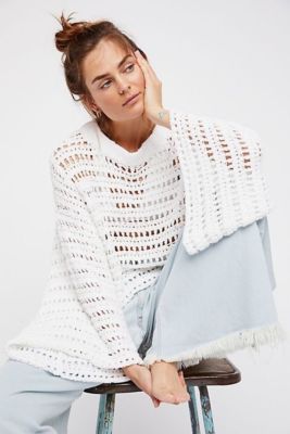 Free People Caught Up Long Bell Sleeve Crochet Knit Sweater Top