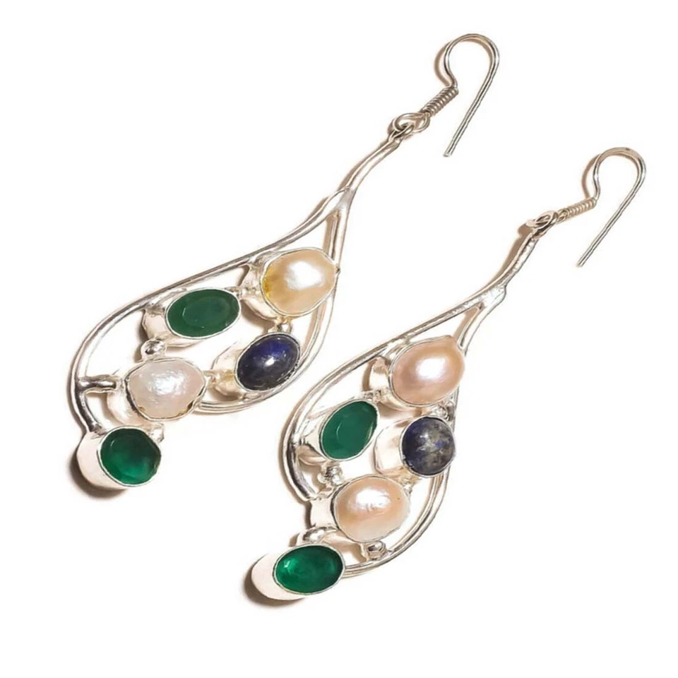 Green Onyx, Lapis Lazuli, White Biwa Pearl Gemstone Handmade Drop Dangle Earring - Image 3 of 3