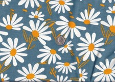 Remnant of Flannel Fabric 9X21 for Crafts, Quilting, White Daisy's against Blue