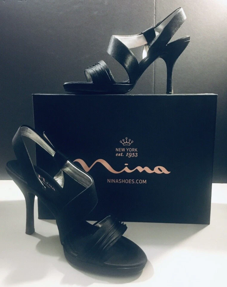 Sandalias de vestir para mujer Nina Vitoria con cordones negras brillo satinado talla 10 M Foto 2 de 4