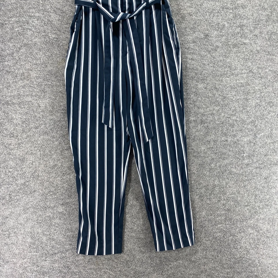Pantalones H&M Mujer 8 Azul Rayas Cinturón Tiro Alto Frente Plano Chino Informal Bolsillos Foto 4 de 4