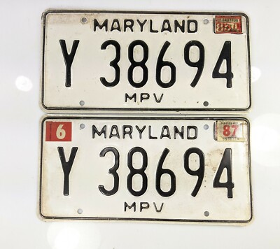 Multi-Purpose Vehicle 1985 1987 Maryland MD License Plate MPV Y 38694