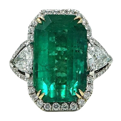 925 Sterling Silver With Forest Green Emerald & White CZ Three Stone Women Ring