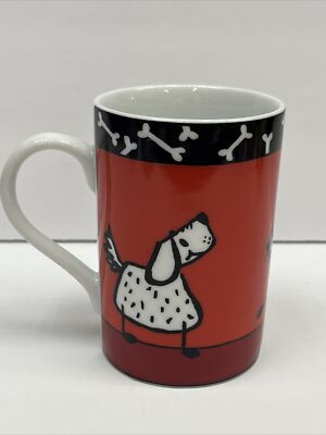 Konitz Germany Porcelain Spotted Dog Chasing Cat Red White Black Coffee Mug