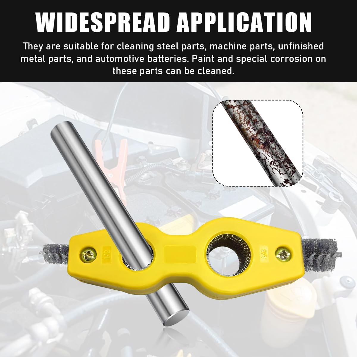 Car Battery Terminal Cleaning Brush, 4 in 1 Steel Wire Brush Heads 1PC Yellow