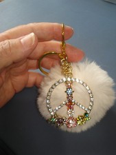 4 1/2" Long Dangle Faux Jewel Peace Sign White Faux Fur Pom Pom Purse Key Ring