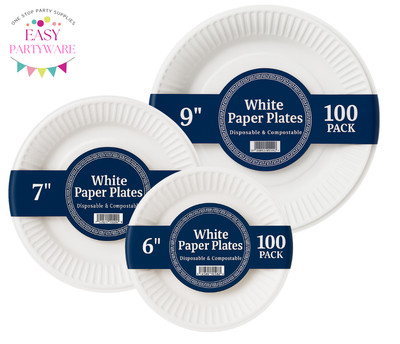 Weiße Einweg-Pappteller 6'' 7'' 9'' Party- & Takeaway-Teller - Verpackt in 100er