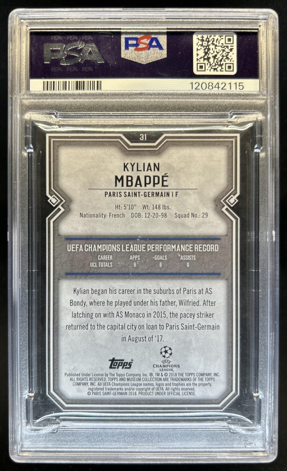 2017 Topps Museum UEFA Kylian Mbappe Gold #/50 PSG PSA 8 view 2