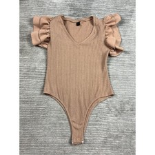 SHEIN Bodysuit Womens L Tan V-Neck Ruffle Sleeve Ribbed Knit Snap Bottom Chic