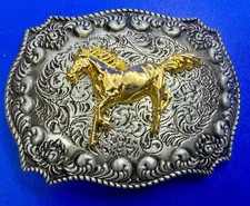 Running Galloping Horse Tri-Tone Ornate Western Cowboy Cowgirls Belt Buckle