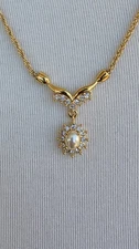 VTG Signed Roman Faux Pearl Necklace Gold Tone Rhinestone Pearl Drop Enhancer