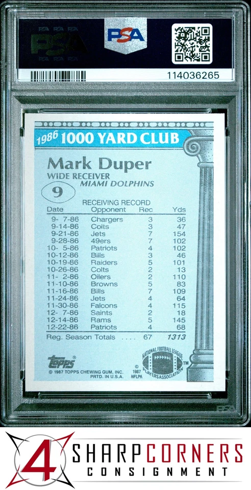 1987 TOPPS 1000 YARD CLUB #9 MARK DUPER DOLPHINS  PSA 10 - Image 2 of 3