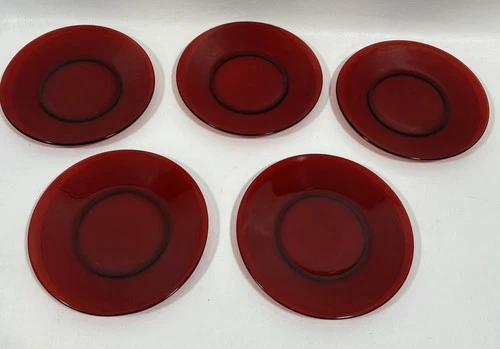 Vintage Lot Of 5 Ruby Red Anchor Hocking Dessert Bread & Butter Plates 6”