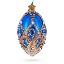 Royal Blue Jeweled Egg Gold Filigree Crystal Accents Glass Egg Ornament 4 Inches