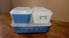 Vtg Pyrex  Snowflake Garland Blue - 4 Pc Set Refrigerator Dishes 503 - 502 -501