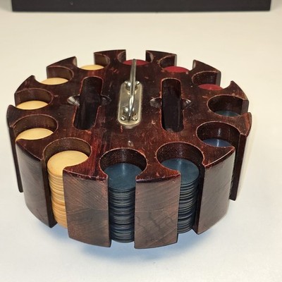 Vtg Wooden Revolving Poker Chip Holder Caddy w/Bakelite Chips Original Cover