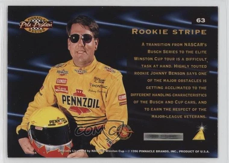 1996 Pinnacle Pole Position Rookie Stripe Johnny Benson Jr Johnny Benson #63 - Image 2 of 2