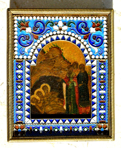 ✅19c RUSSIAN IMPERIAL SILVER ICON CHRISTIAN DESCENT HELL EGG GOLD PAINTING CROSS
