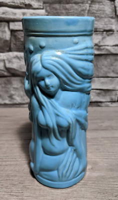 Vtg 7.5'' Blue Mermaid Dolphin Tiki Vase Jar Cup Sculpture Figurine Aquatic Decor