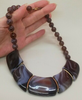 Collier Perles Vintage En Bakélite ? - Fantaisie Style Marbre - Très Bon état