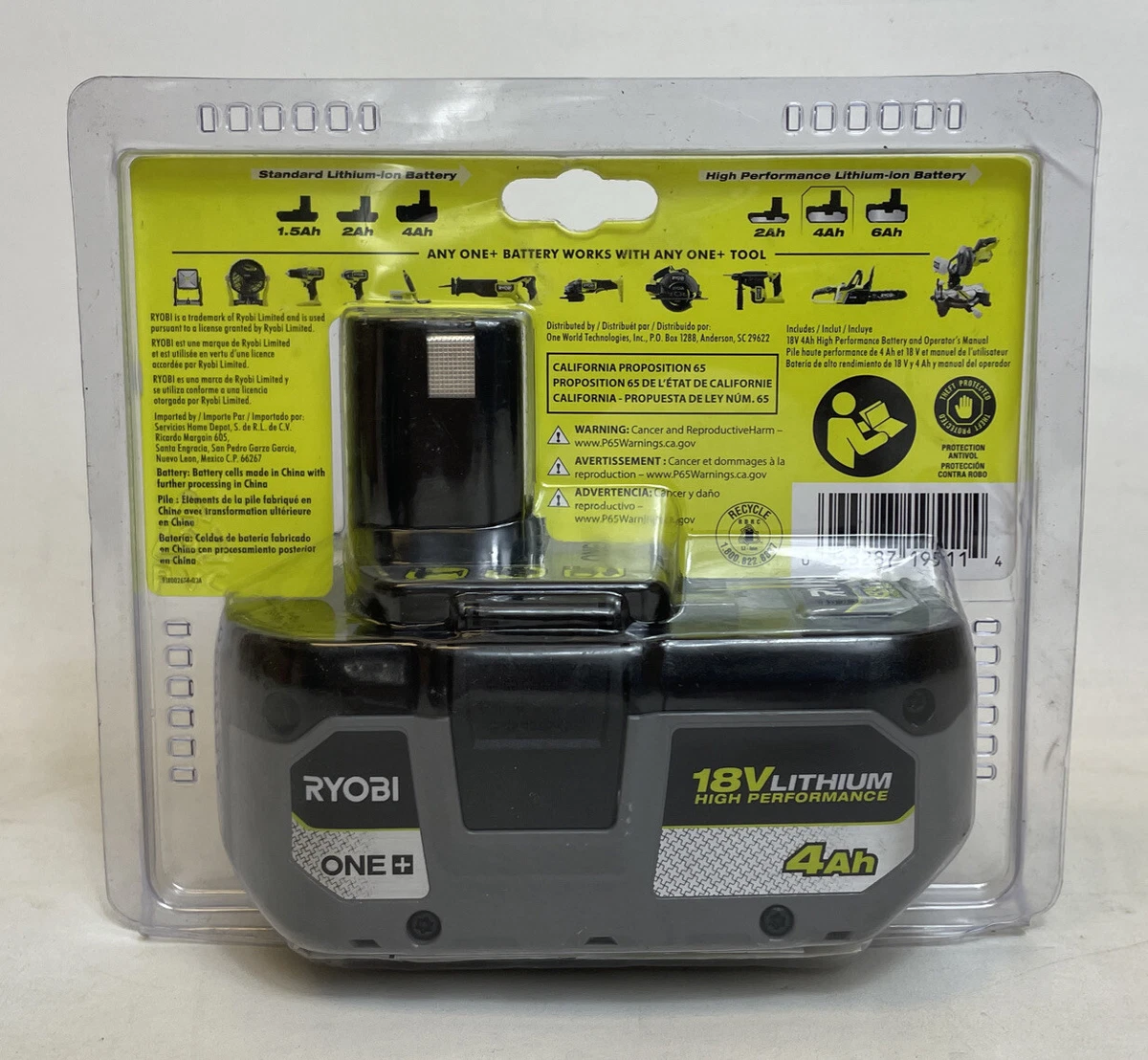 New Ryobi One 4Ah 18V Lithium ion High Performance Battery PBP004