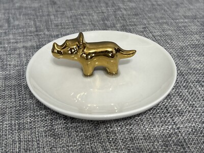 Isaac Jacobs of NY White Ceramic Trinket/Ring Plate Gold Rhinoceros Rhino Figure