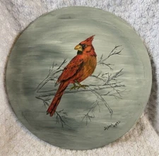 12” Hand painted decorative wooden plate signed, dated of Cardinal Bird ooak