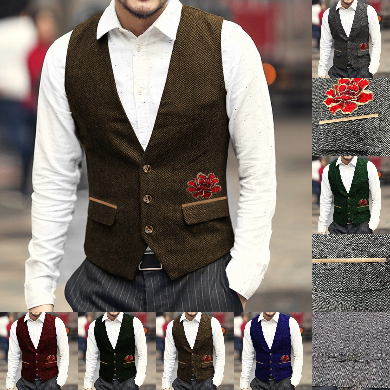 Mens Flower Vests Tweed Waistcoats Wedding Vintage Herringbone Wool Retro Grooms