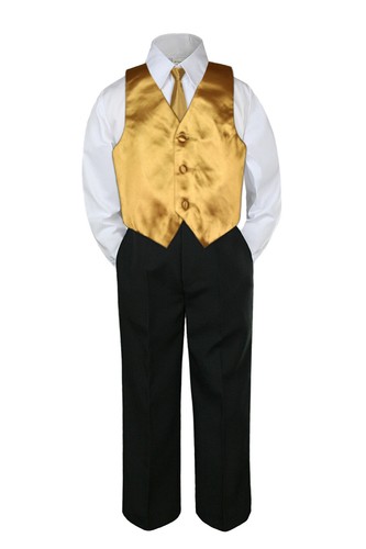 4pc Boy Baby Toddler Kid Suit Set Color Necktie Vest Formal BLACK Pants S-8 - Picture 16 of 26